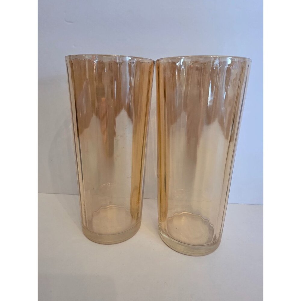 Vintage Jeanette Peach Marigold Tall Ribbed Canival Glass Tumblers Set Of 2
